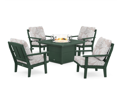 POLYWOOD® Mission 5-Piece Deep Seating Set with Fire Pit Table in Green / Leaf Dune Burlap
