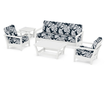 POLYWOOD® Harbour 5-Piece Deep Seating Set in White / Leaf Marine Indigo