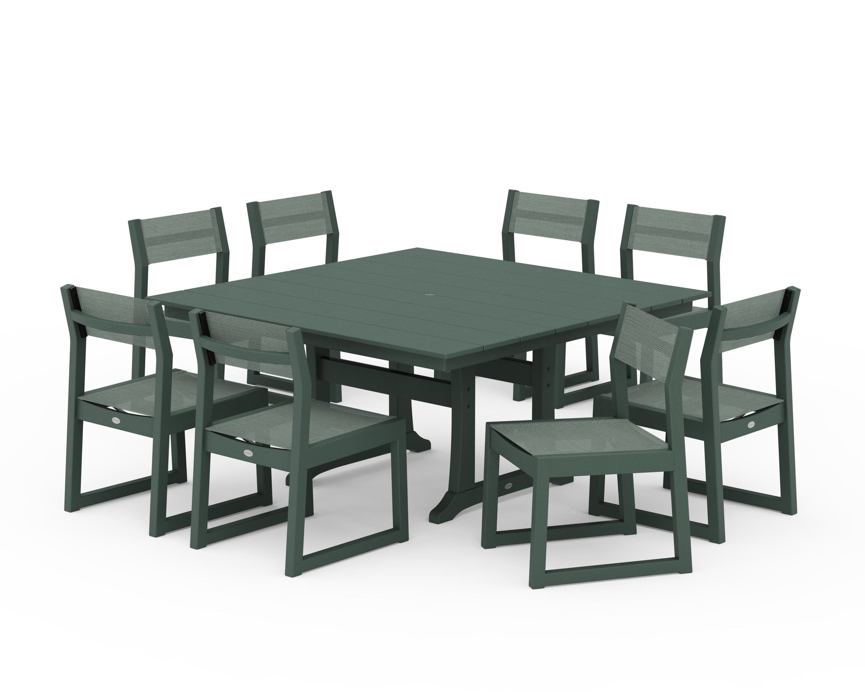 POLYWOOD® EDGE Sling Side Chair 9-Piece Farmhouse Trestle Dining Set in Green / Dupioni Sea Mist Sling