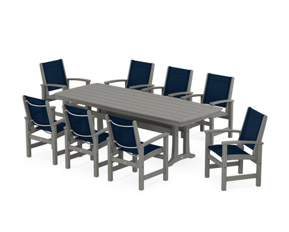 POLYWOOD® Coastal 9-Piece Dining Set with Trestle Legs in Slate Grey / Navy Blue Sling