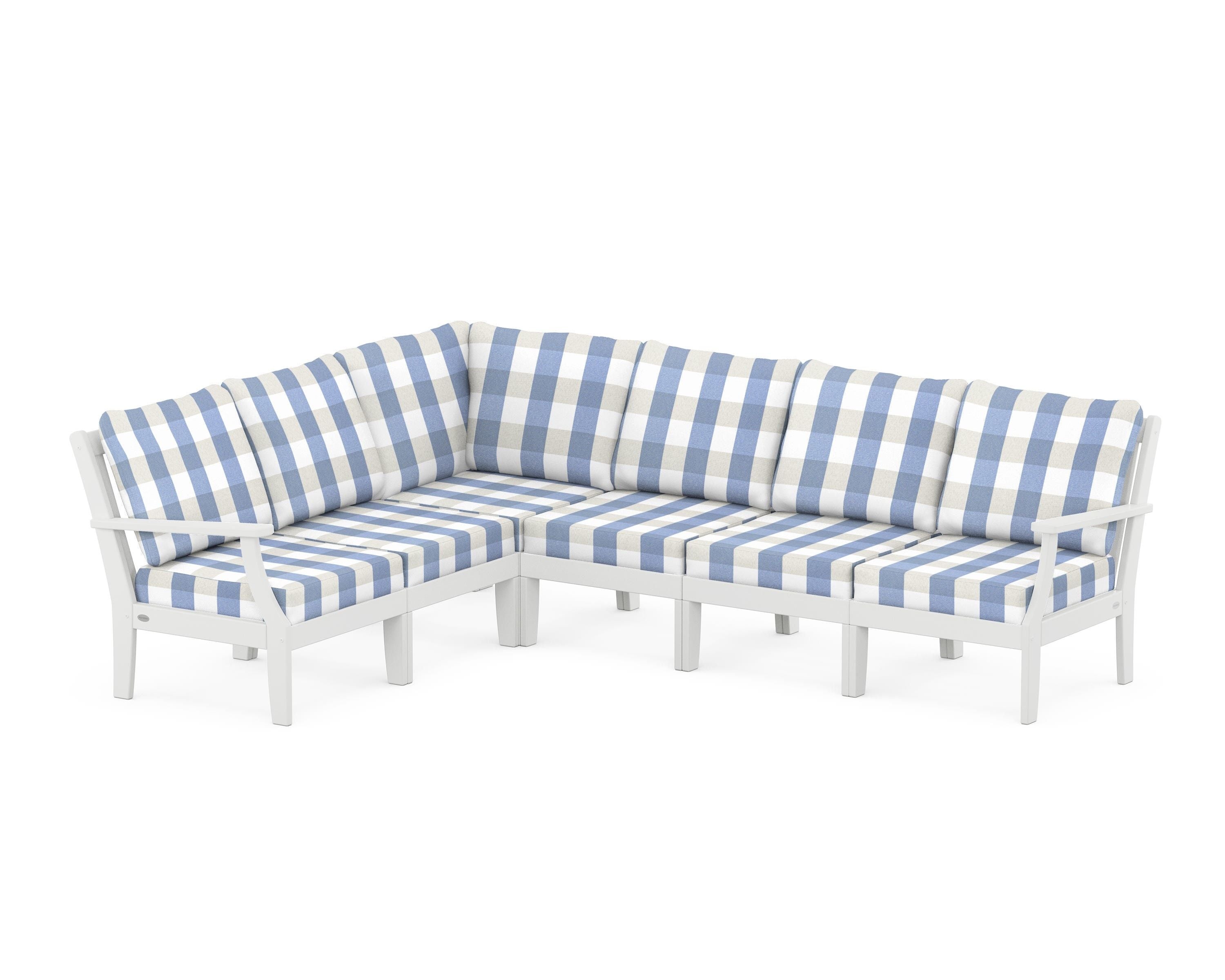 POLYWOOD® Braxton Modular 6-Piece Deep Seating Set in White / Buffalo Plaid Sky Blue