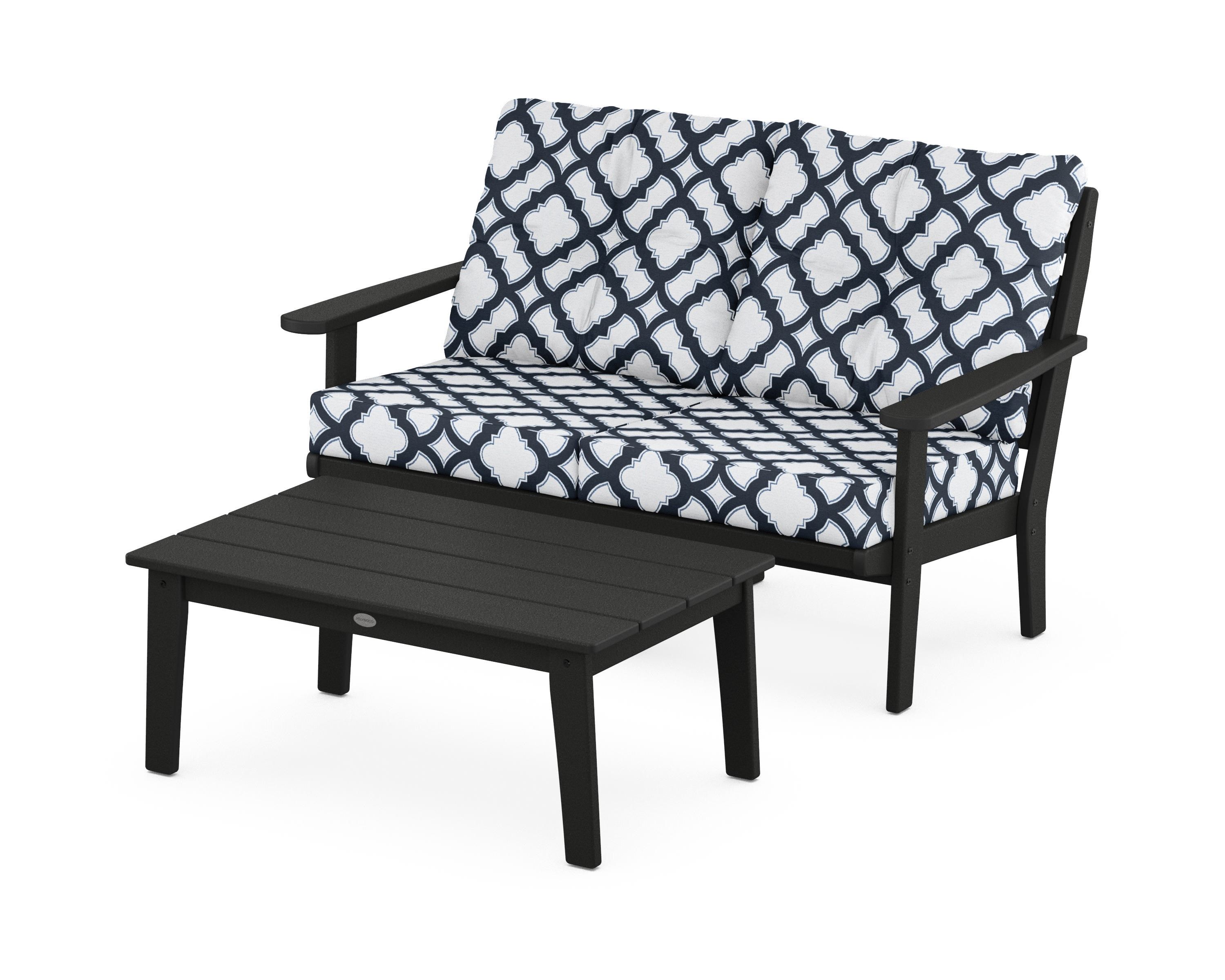 POLYWOOD® Lakeside 2-Piece Lounge Loveseat Set in Black / Trellis Marine Indigo