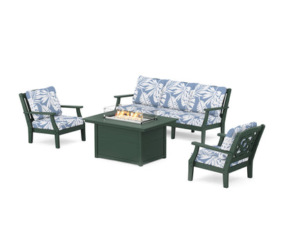 Martha Stewart by POLYWOOD® Chinoiserie Deep Seating Fire Pit Table Set in Green / Leaf Sky Blue