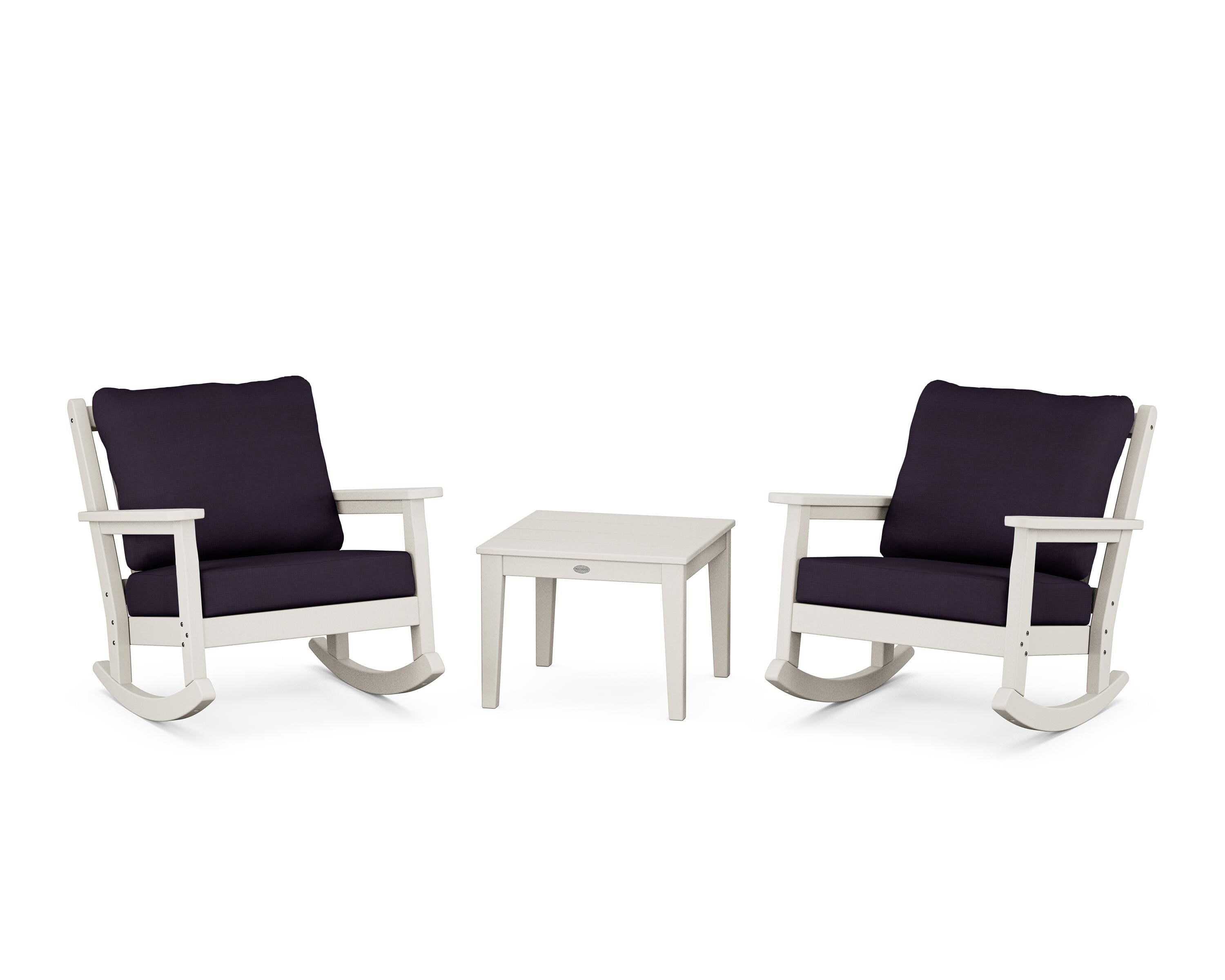 POLYWOOD® Chippendale 3-Piece Deep Seating Rocker Set in Sand / Navy Linen