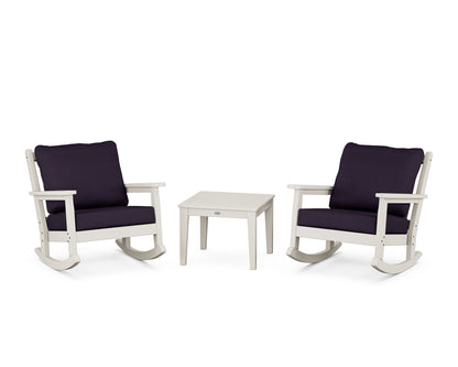 POLYWOOD® Chippendale 3-Piece Deep Seating Rocker Set in Sand / Navy Linen