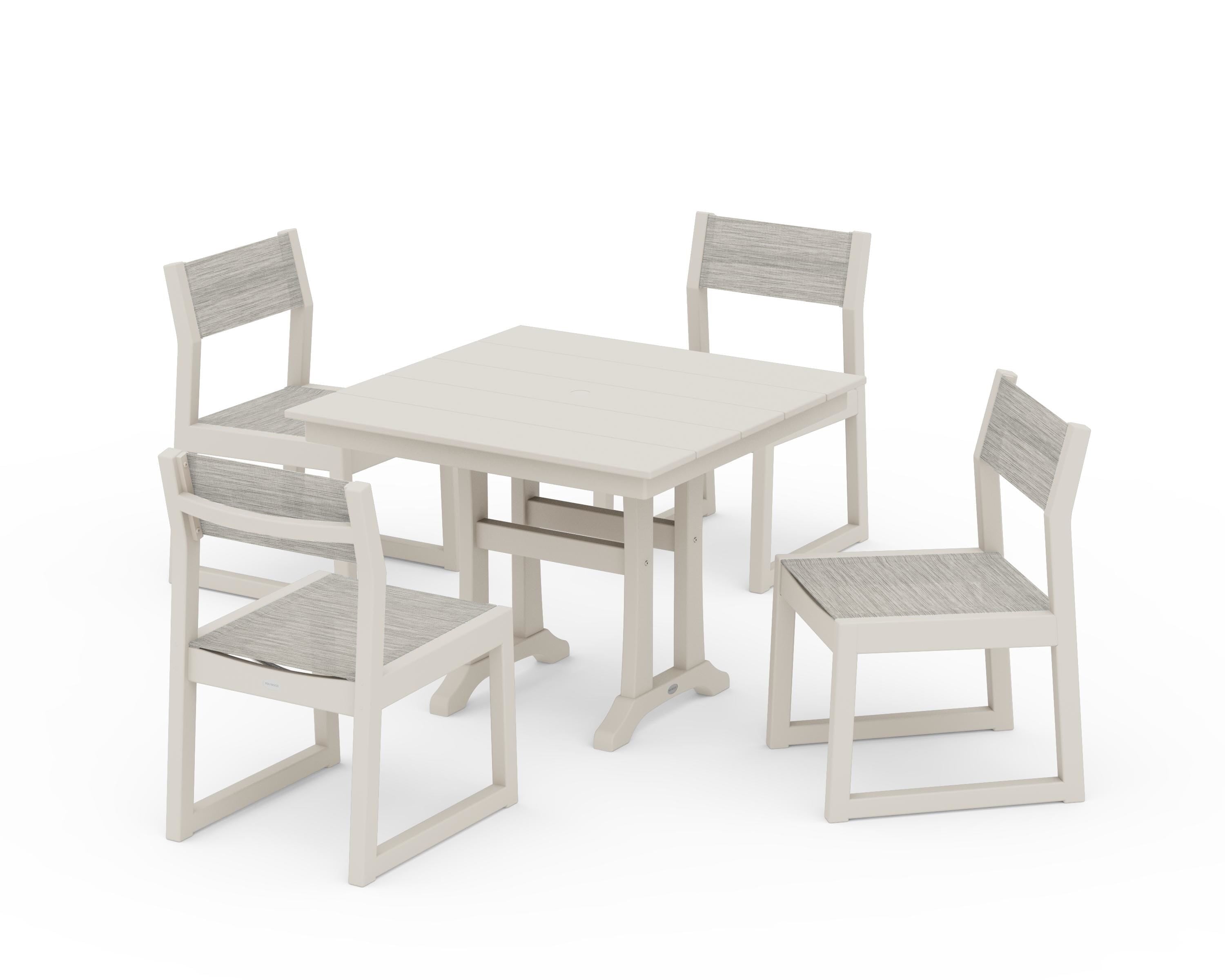 POLYWOOD® EDGE Sling 5-Piece Farmhouse Trestle Side Chair Dining Set in Sand / Birch Sling
