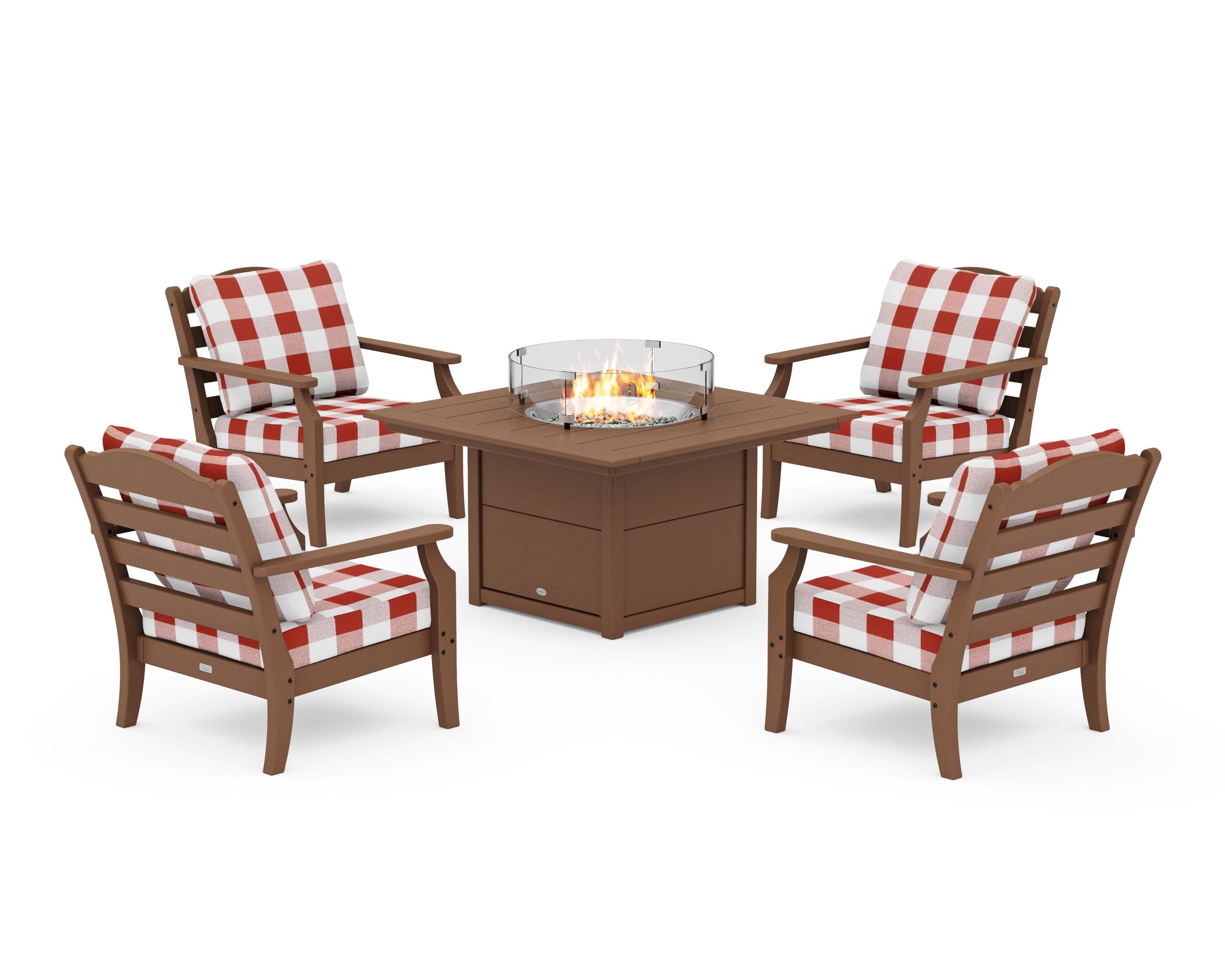 Draper James™ by  POLYWOOD® Savannah 5-Piece Deep Seating Set with Fire Pit Table in Teak / Buffalo Plaid Crimson