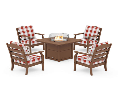 Draper James™ by  POLYWOOD® Savannah 5-Piece Deep Seating Set with Fire Pit Table in Teak / Buffalo Plaid Crimson