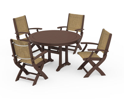 POLYWOOD® Coastal Folding Chair 5-Piece Round Dining Set with Trestle Legs in Mahogany / Burlap Sling