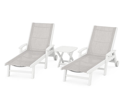 POLYWOOD® Coastal 3-Piece Wheeled Chaise Set in White / Parchment Sling