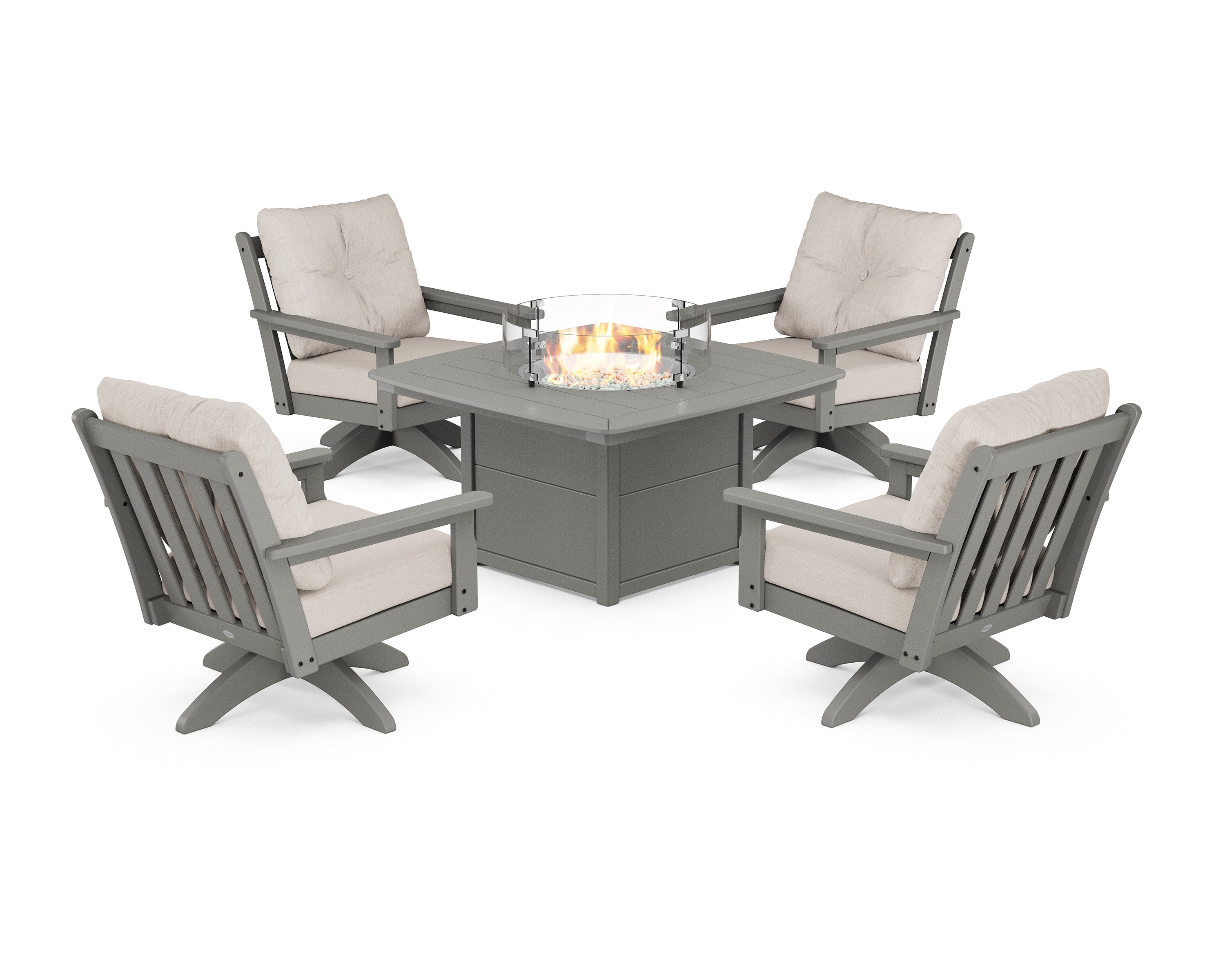 POLYWOOD® Vineyard 5-Piece Deep Seating Swivel Conversation Set with Fire Pit Table in Slate Grey / Cast Ash