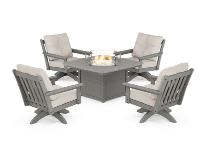 POLYWOOD® Vineyard 5-Piece Deep Seating Swivel Conversation Set with Fire Pit Table in Slate Grey / Cast Ash