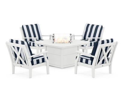 POLYWOOD® Braxton 5-Piece Deep Seating Conversation Set with Fire Pit Table in White / Cabana Stripe Marine Indigo