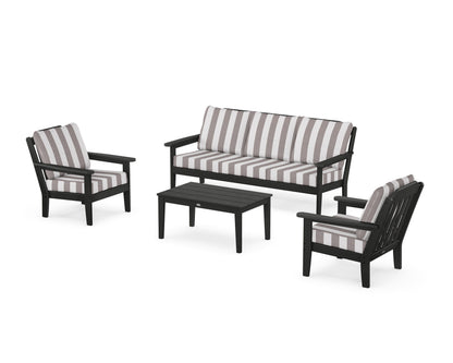 Country Living Cottage 4-Piece Deep Seating Set with Sofa in Black / Cabana Stripe Grey Mist