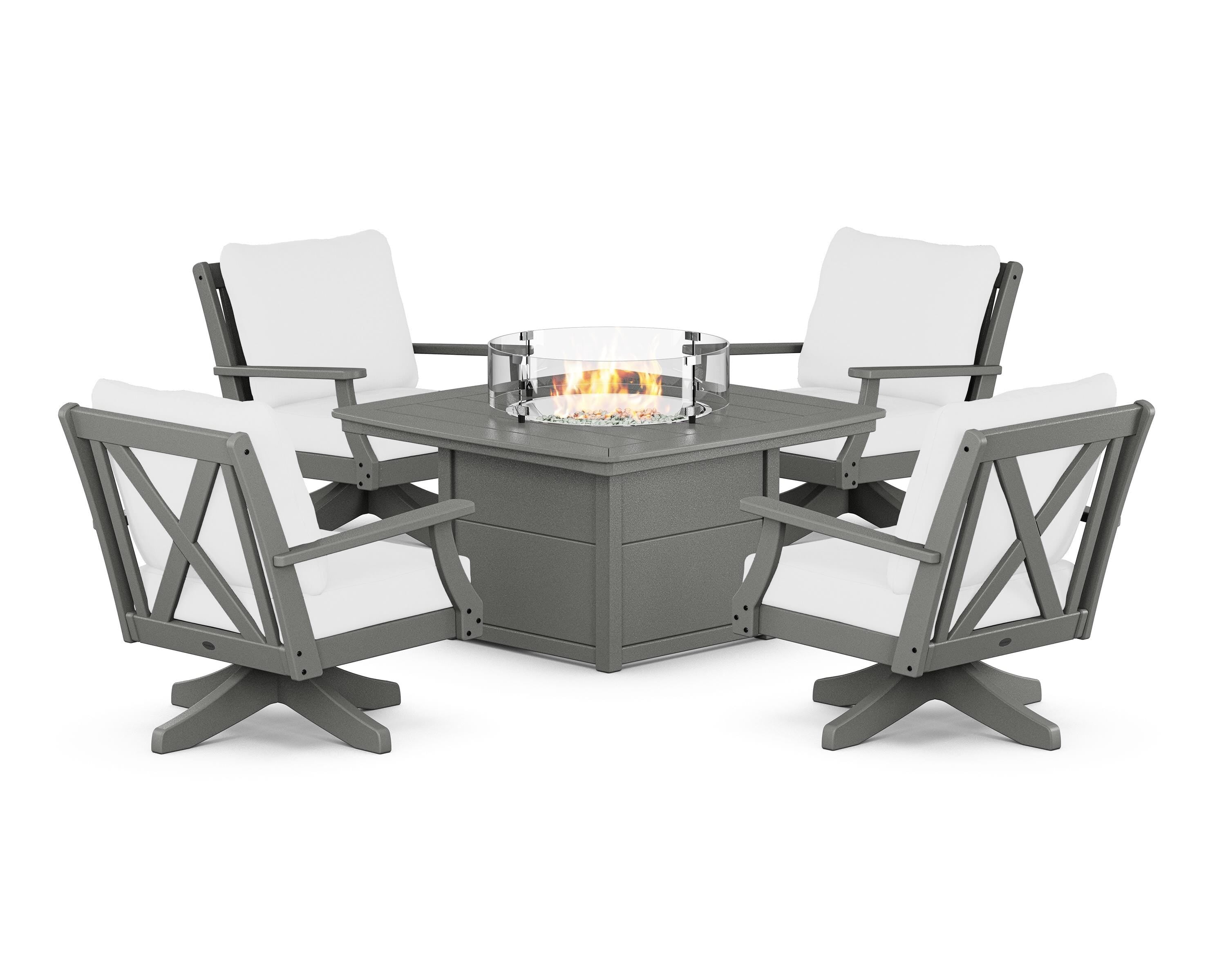 POLYWOOD® Braxton 5-Piece Deep Seating Swivel Conversation Set with Fire Pit Table in Slate Grey / Natural