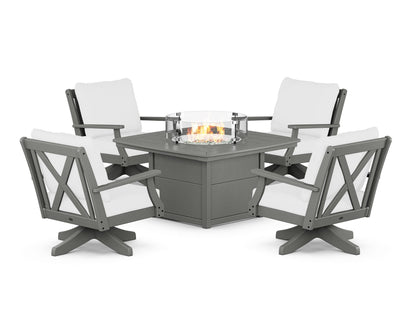 POLYWOOD® Braxton 5-Piece Deep Seating Swivel Conversation Set with Fire Pit Table in Slate Grey / Natural