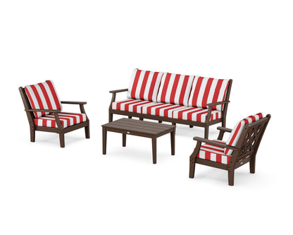 Country Living Wovendale 4-Piece Deep Seating Set with Sofa in Mahogany / Cabana Stripe Crimson