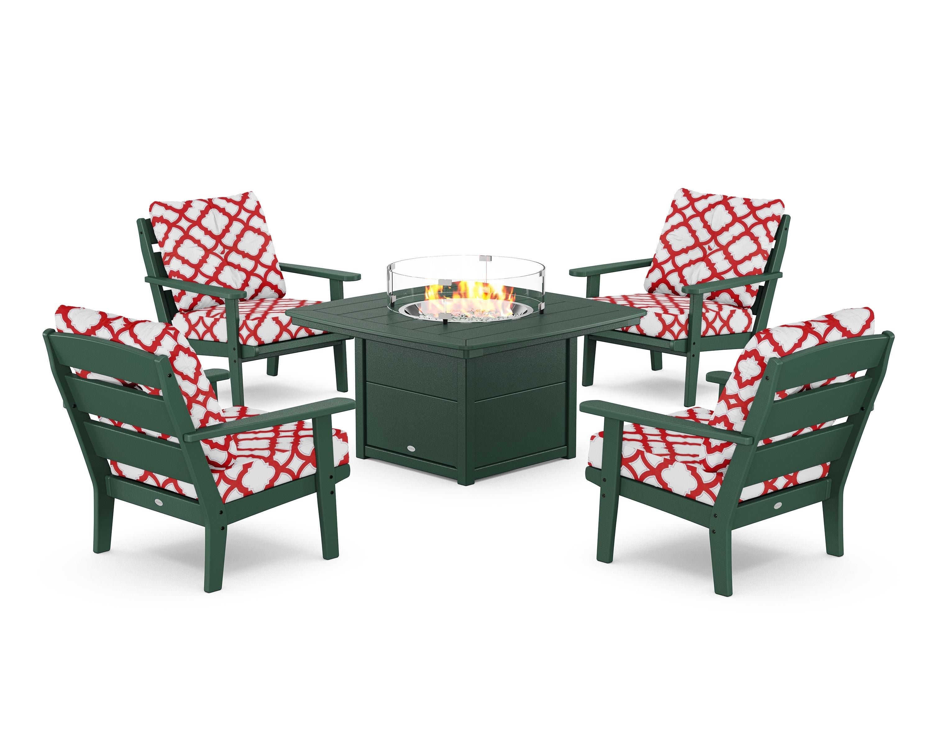POLYWOOD® Lakeside 5-Piece Deep Seating Set with Nautical Fire Pit Table in Green / Trellis Crimson
