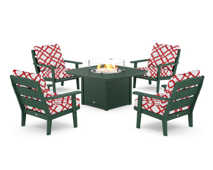 POLYWOOD® Lakeside 5-Piece Deep Seating Set with Nautical Fire Pit Table in Green / Trellis Crimson