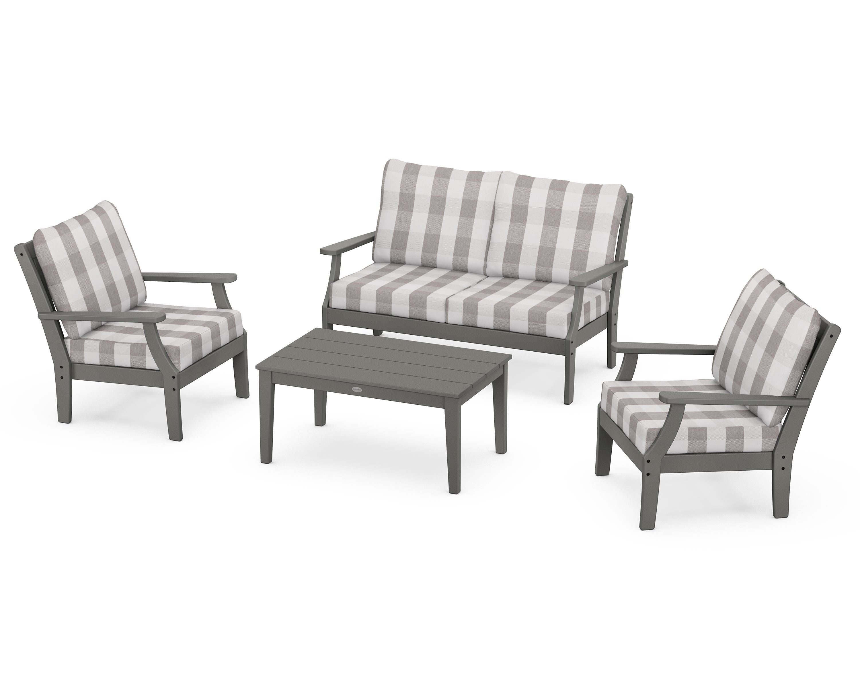POLYWOOD® Braxton 4-Piece Deep Seating Chair Set in Slate Grey / Buffalo Plaid Grey Mist