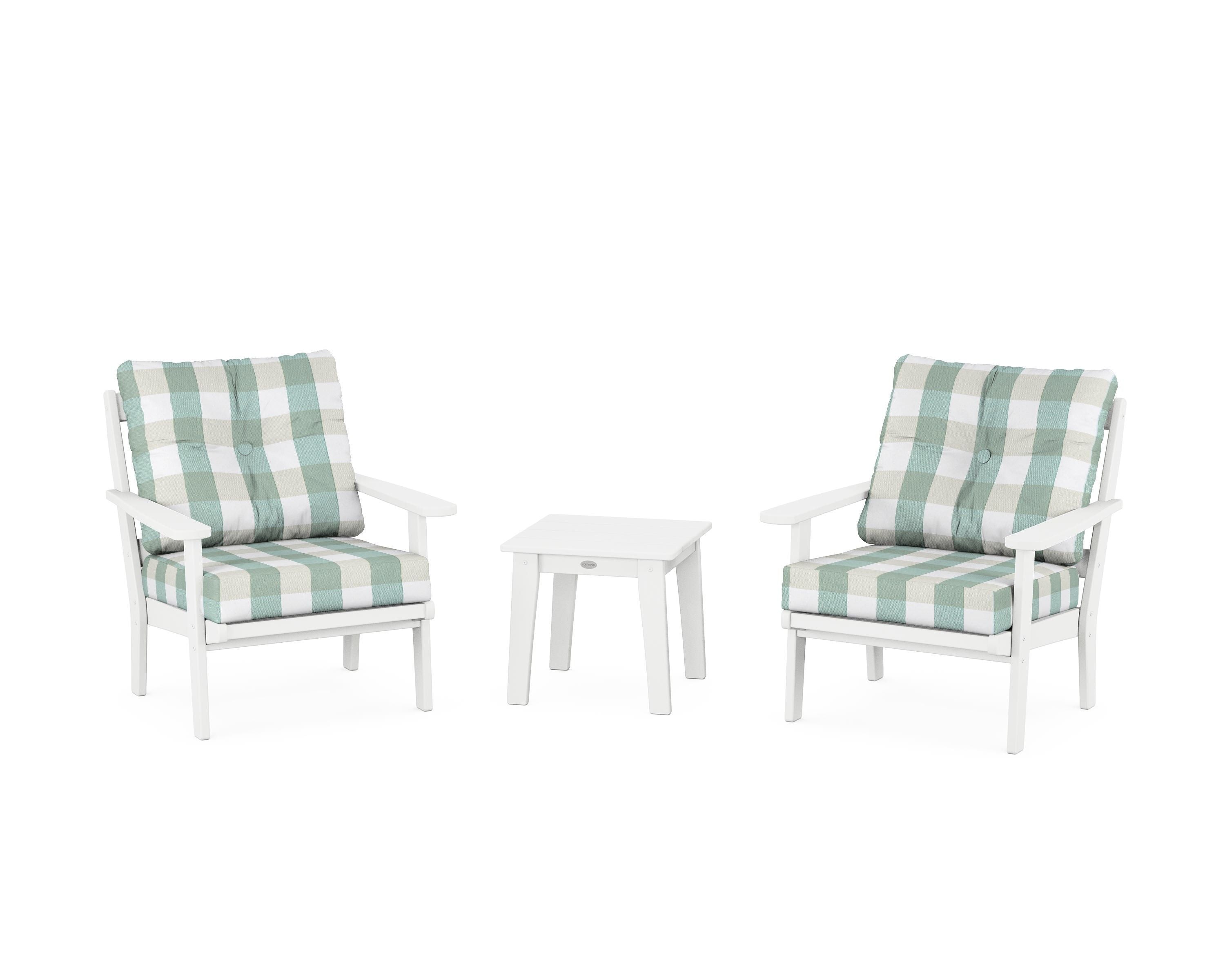 POLYWOOD® Mission 3-Piece Deep Seating Set in White / Buffalo Plaid Glacier Spa