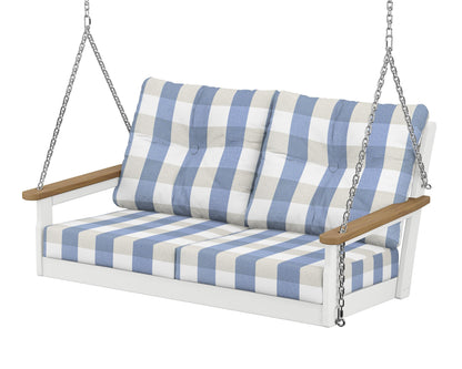 POLYWOOD® Vineyard Deep Seating Swing in White / Natural / Buffalo Plaid Sky Blue