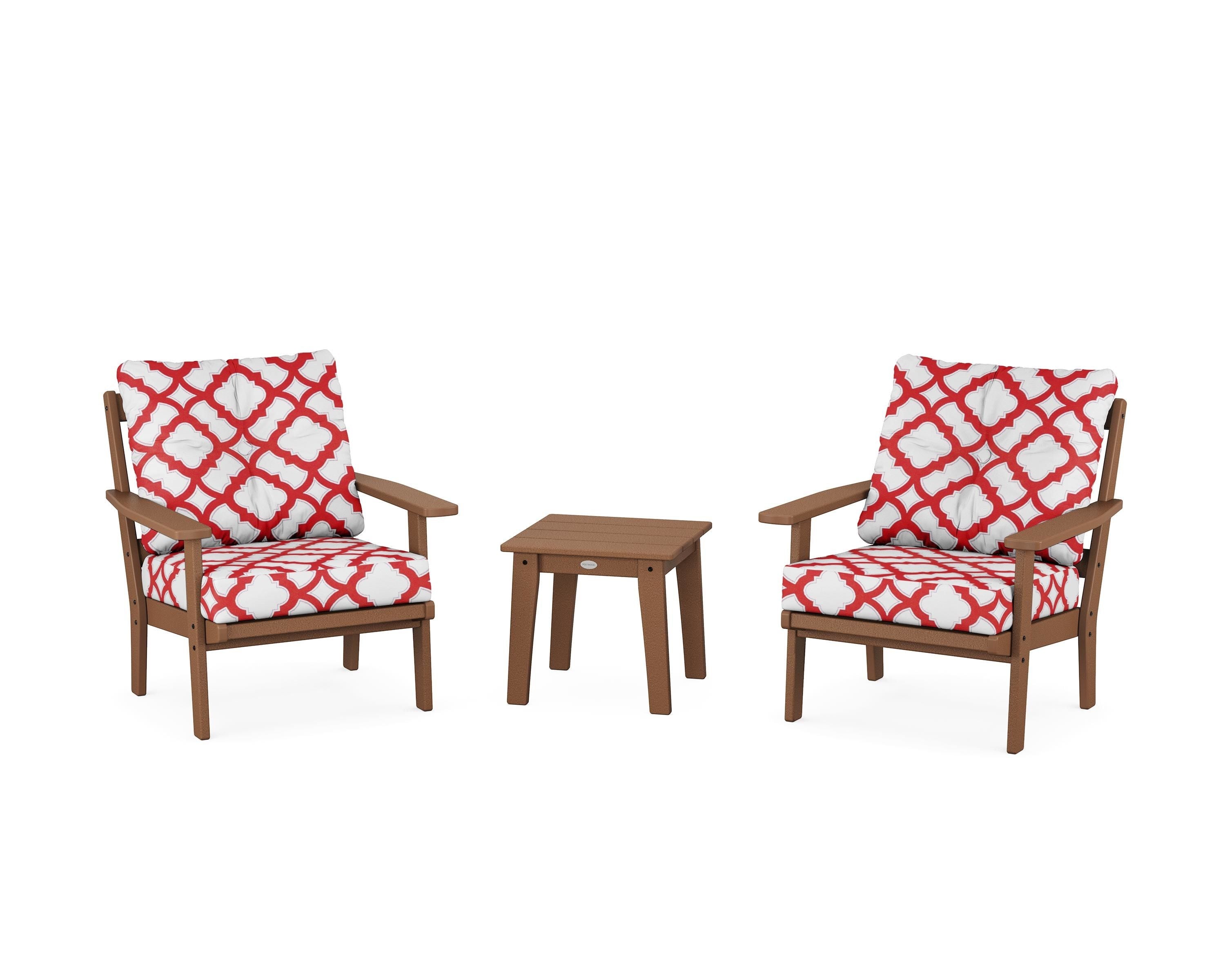 POLYWOOD® Oxford 3-Piece Deep Seating Set in Teak / Trellis Crimson