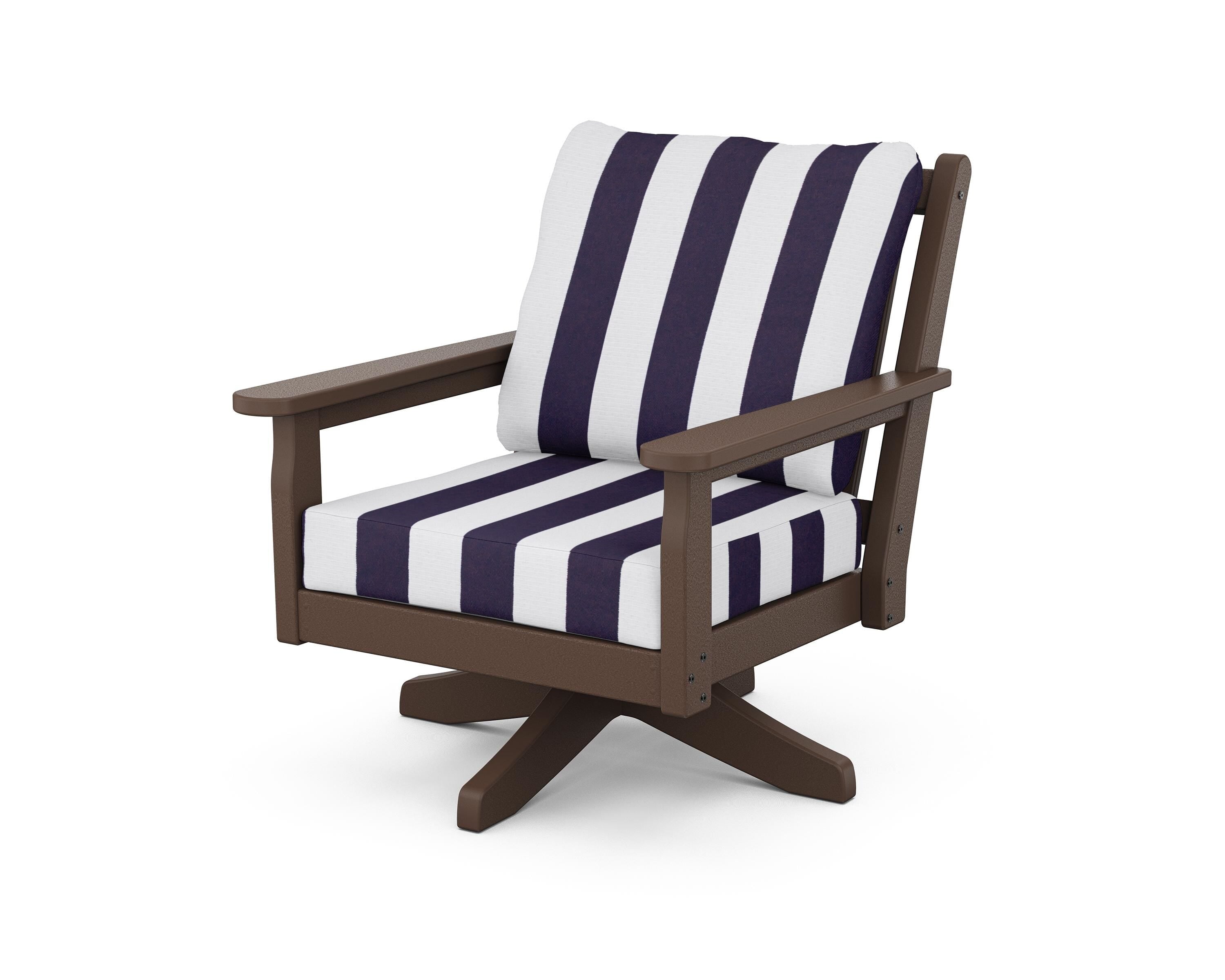POLYWOOD® Chippendale Deep Seating Swivel Chair in Mahogany / Cabana Stripe Navy
