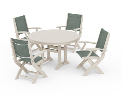 POLYWOOD® Coastal Folding Chair 5-Piece Round Dining Set with Trestle Legs in Sand / Dupioni Sea Mist Sling