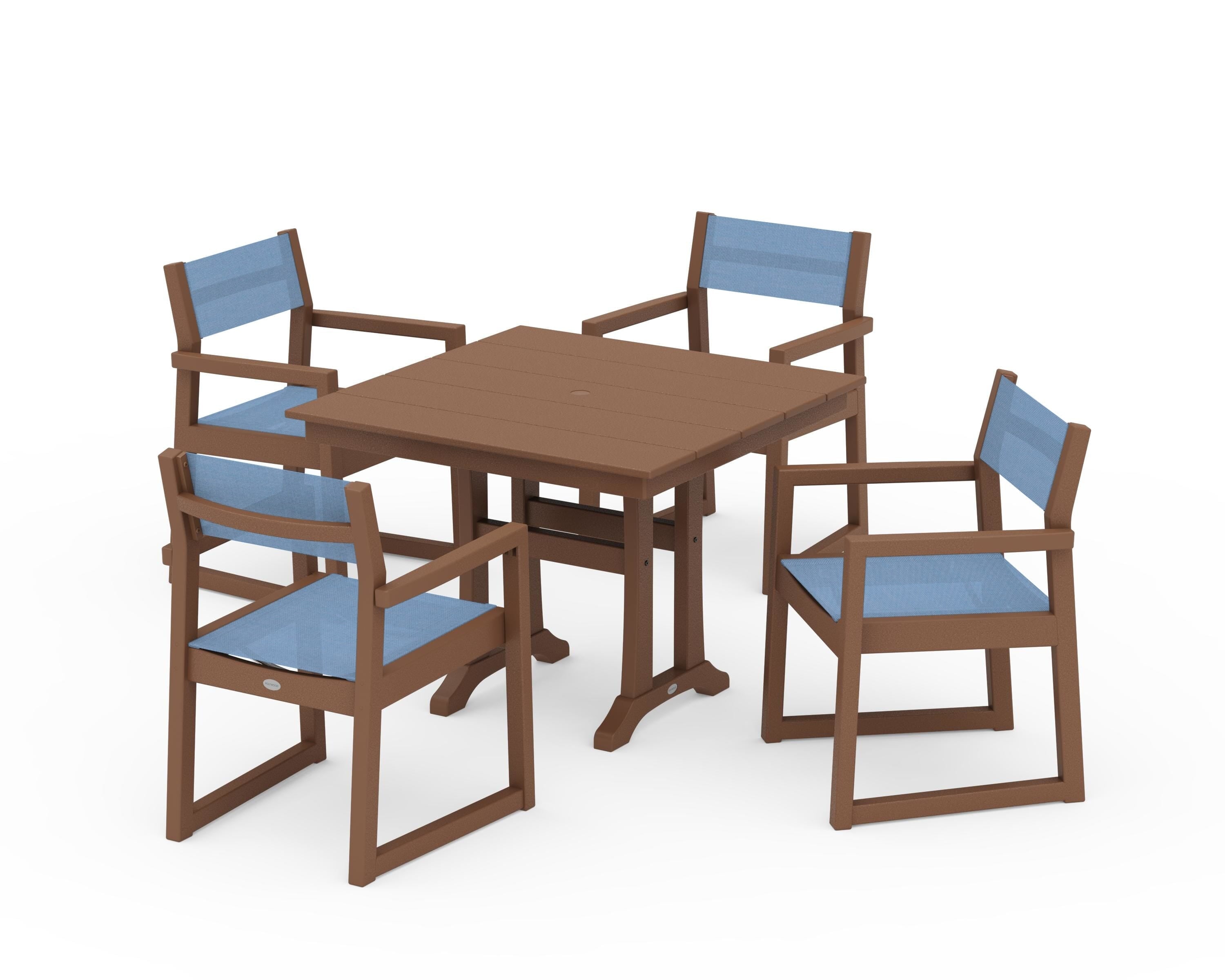 POLYWOOD® EDGE Sling 5-Piece Farmhouse Dining Set with Trestle Legs in Teak / Poolside Sling