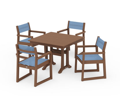 POLYWOOD® EDGE Sling 5-Piece Farmhouse Dining Set with Trestle Legs in Teak / Poolside Sling