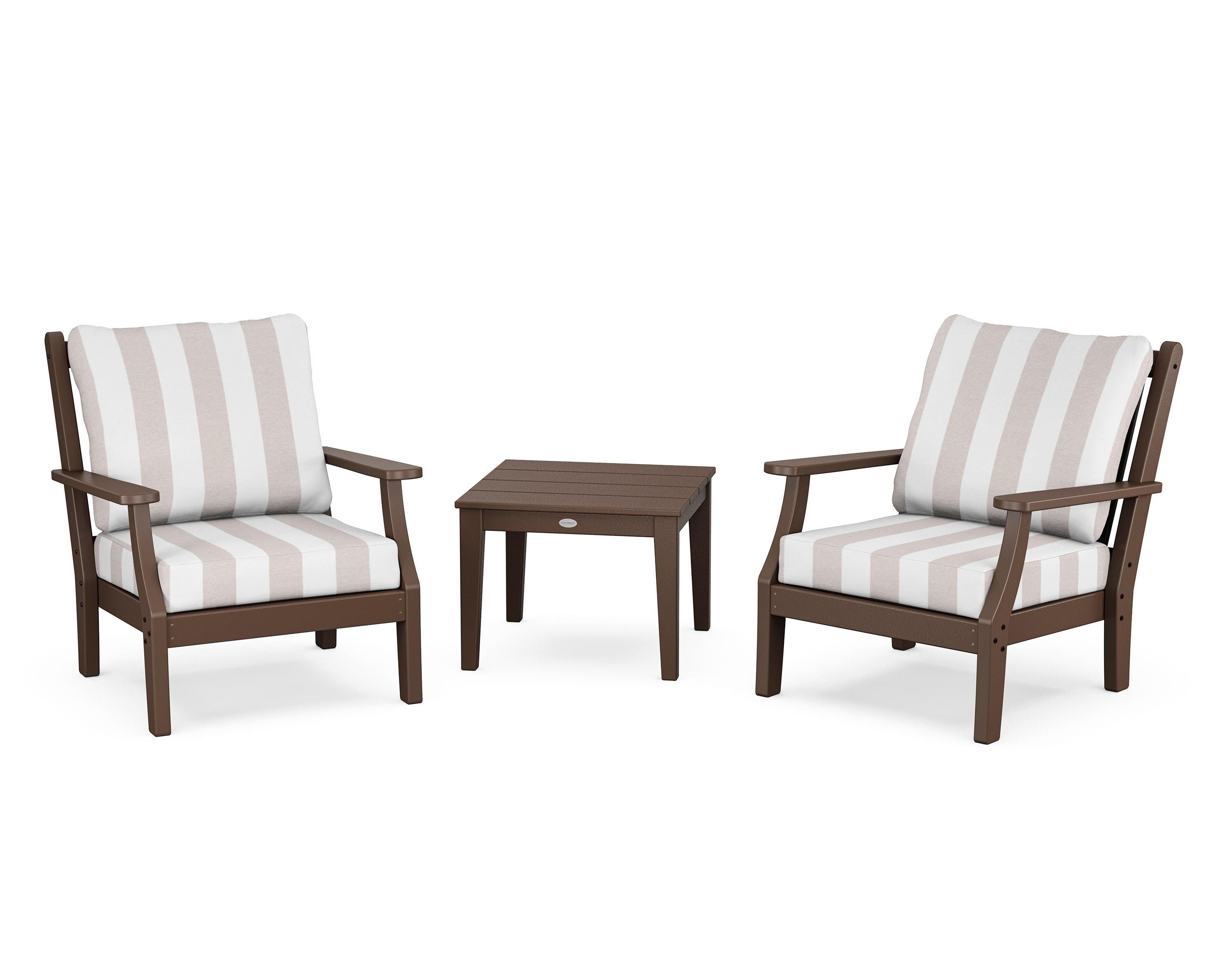 Country Living Wovendale 3-Piece Deep Seating Set in Mahogany / Cabana Stripe Dune Burlap