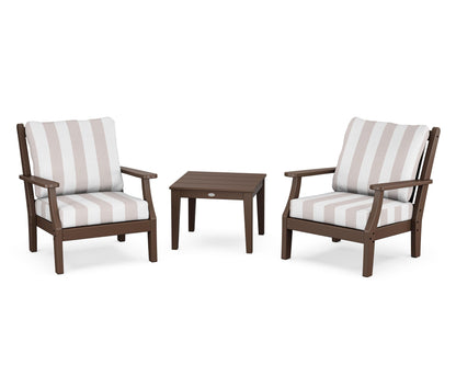 Country Living Wovendale 3-Piece Deep Seating Set in Mahogany / Cabana Stripe Dune Burlap