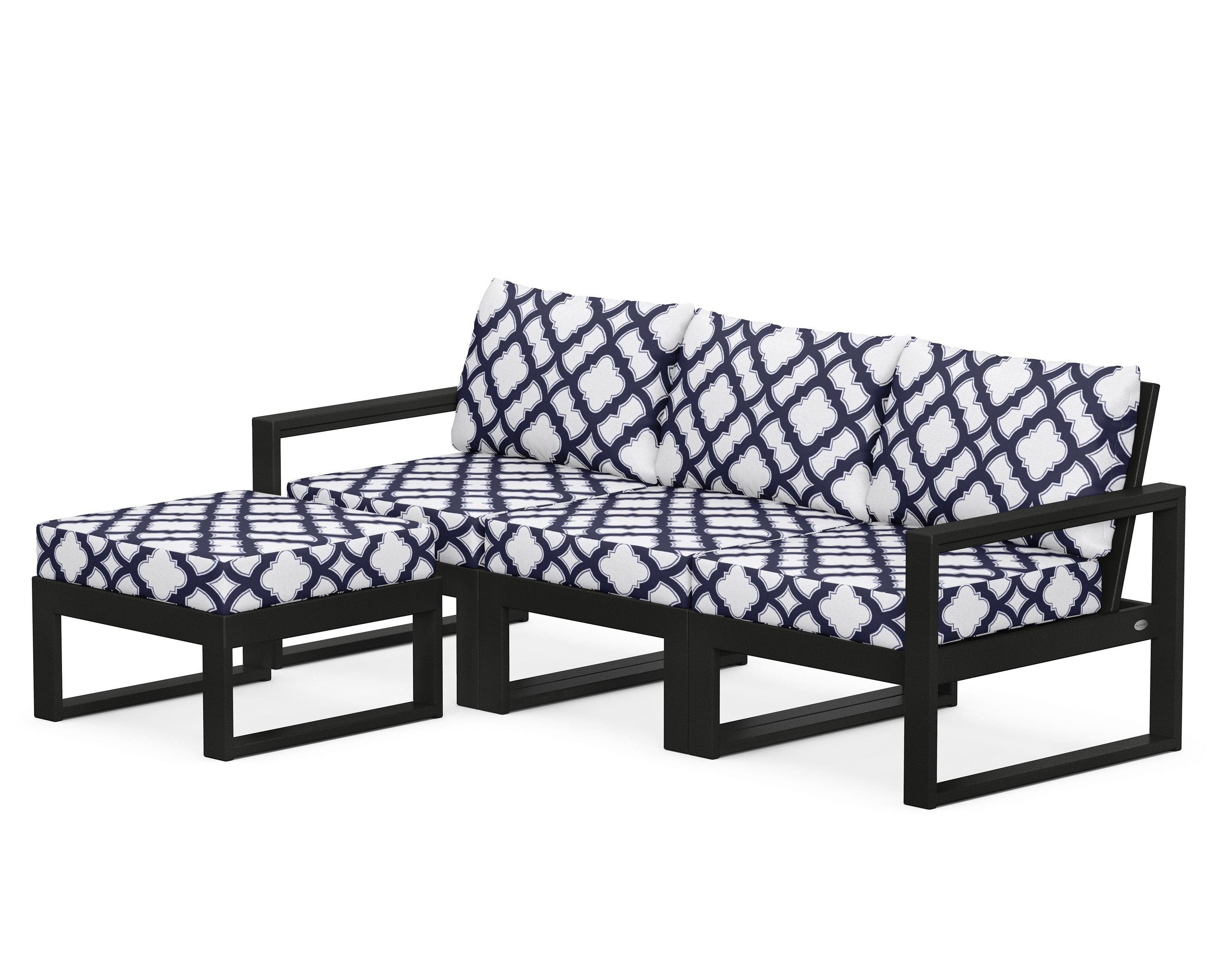 POLYWOOD® EDGE 4-Piece Modular Deep Seating Set with Ottoman in Black / Trellis Navy