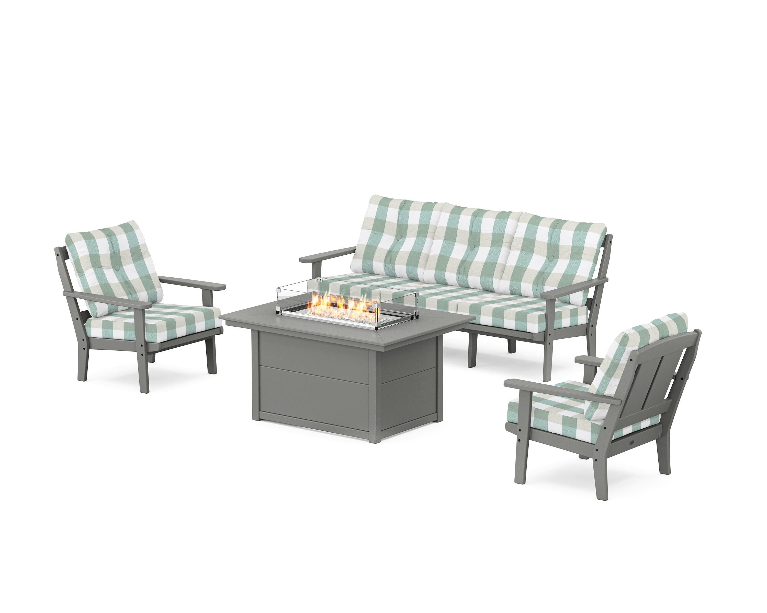POLYWOOD® Mission Deep Seating Fire Pit Table Set in Slate Grey / Buffalo Plaid Glacier Spa