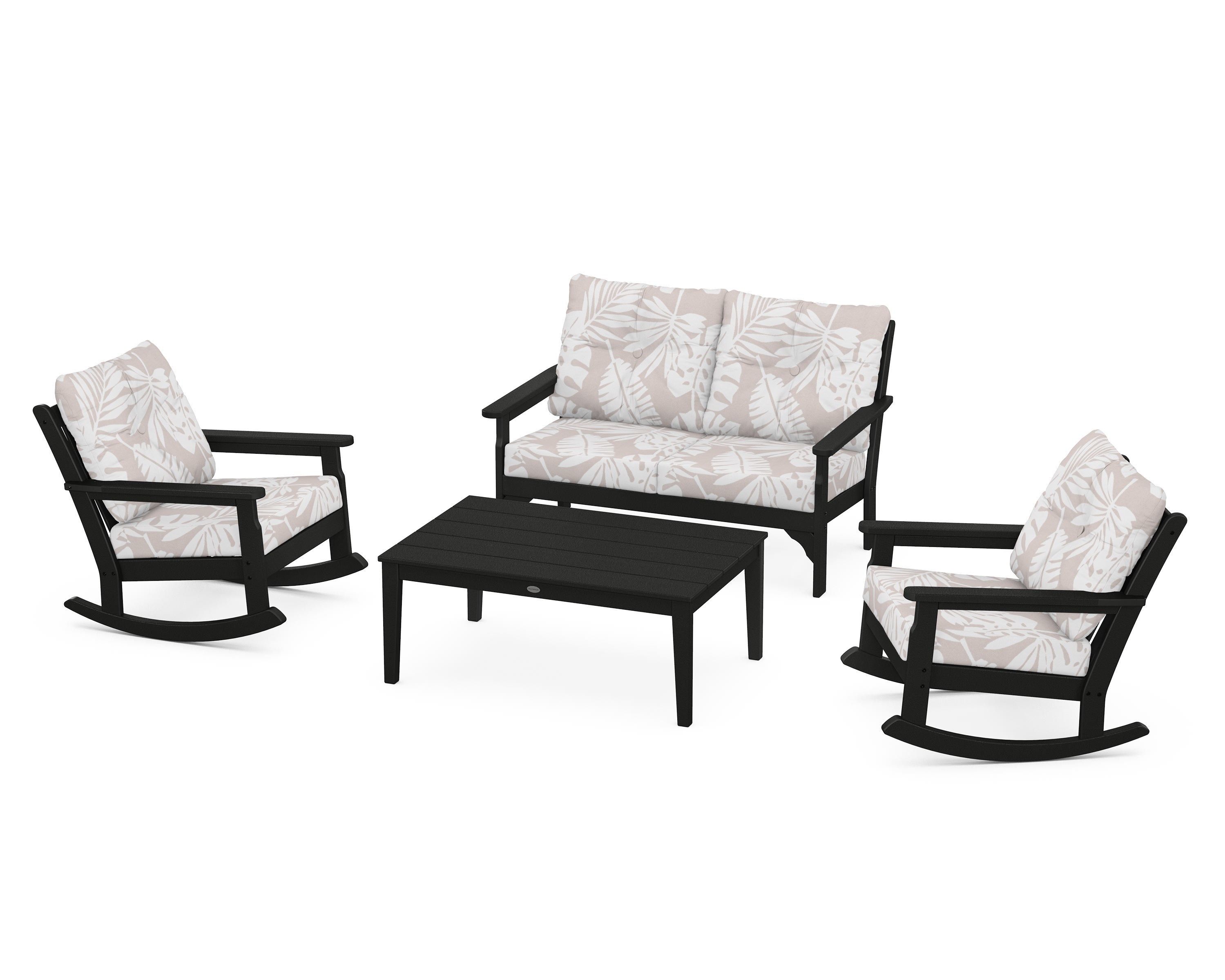 POLYWOOD® Vineyard 4-Piece Deep Seating Rocking Chair Set in Black / Leaf Dune Burlap