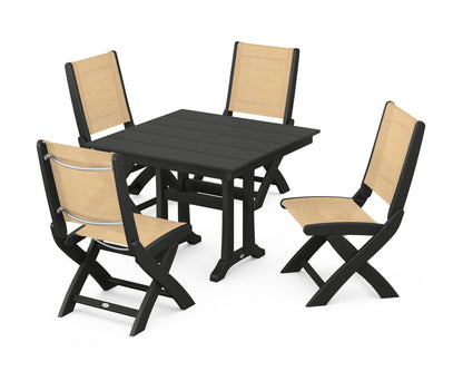 POLYWOOD® Coastal Folding Side Chair 5-Piece Farmhouse Dining Set With Trestle Legs in Black / Dupioni Apricot Sling
