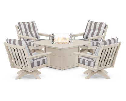 POLYWOOD® Vineyard 5-Piece Deep Seating Swivel Conversation Set with Fire Pit Table in Sand / Cabana Stripe Grey Mist