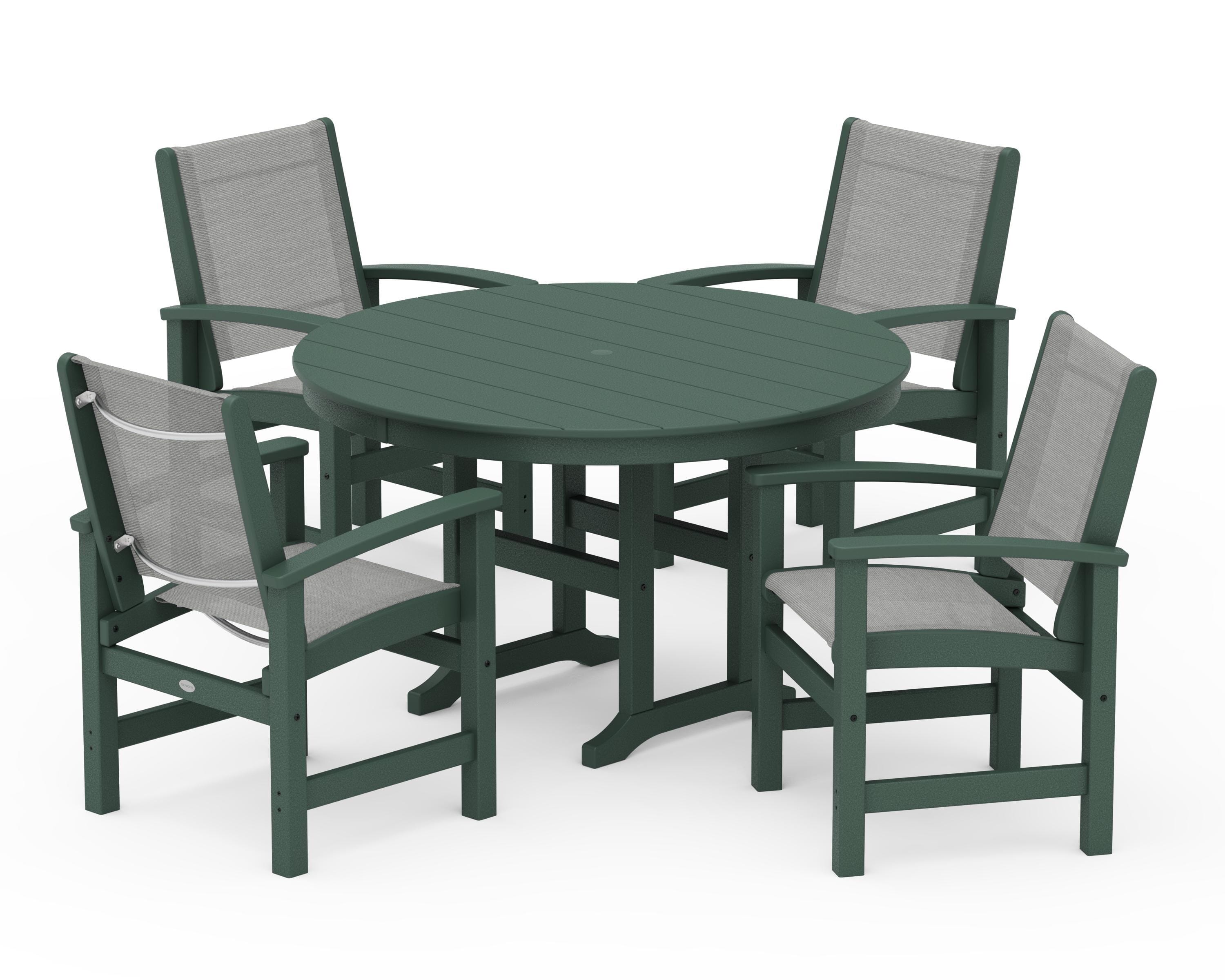 POLYWOOD® Coastal 5-Piece Round Farmhouse Dining Set in Green / Metallic Sling