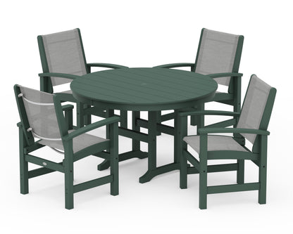 POLYWOOD® Coastal 5-Piece Round Farmhouse Dining Set in Green / Metallic Sling
