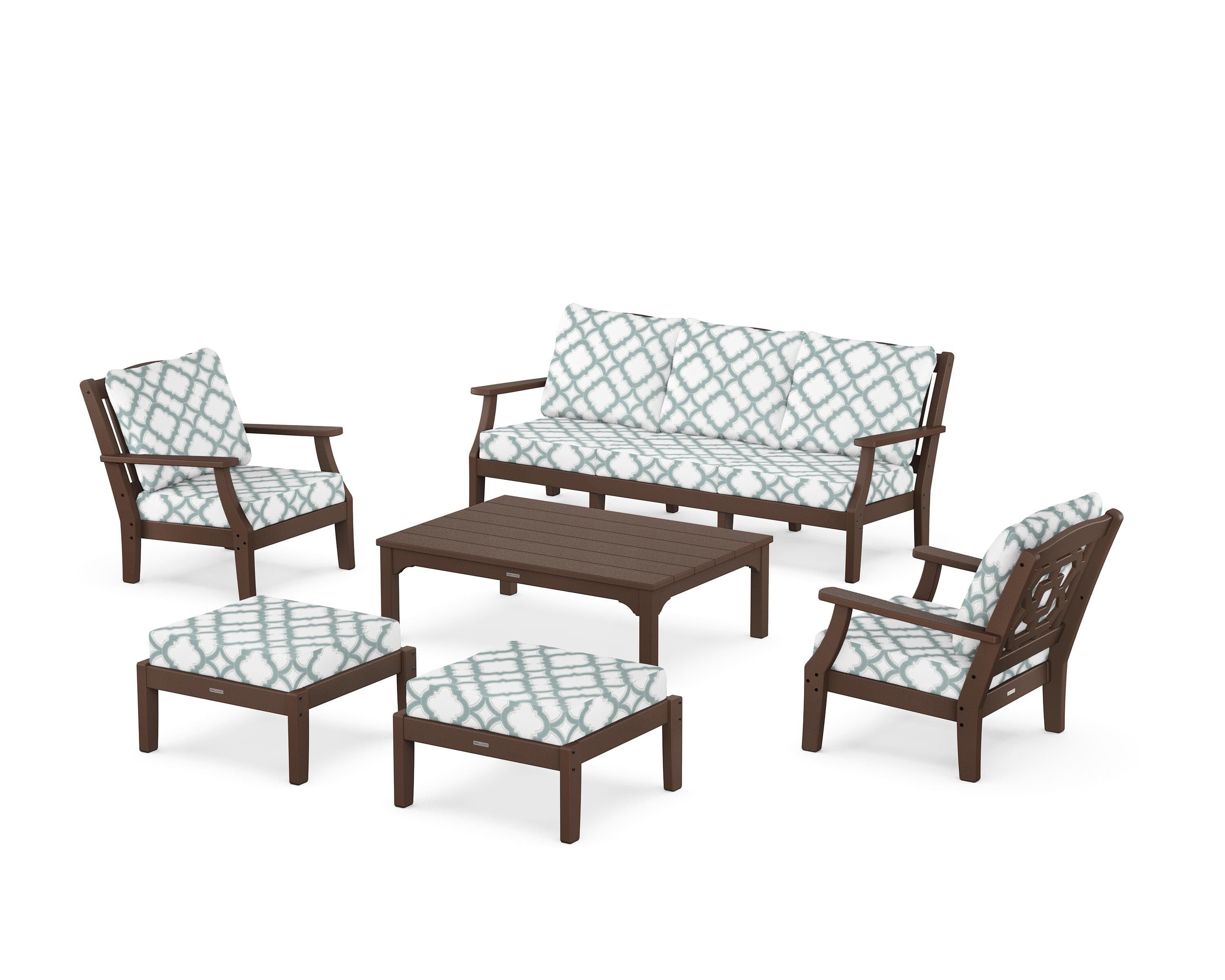 Martha Stewart by POLYWOOD® Chinoiserie 6-Piece Lounge Sofa Set in Mahogany / Trellis Glacier Spa