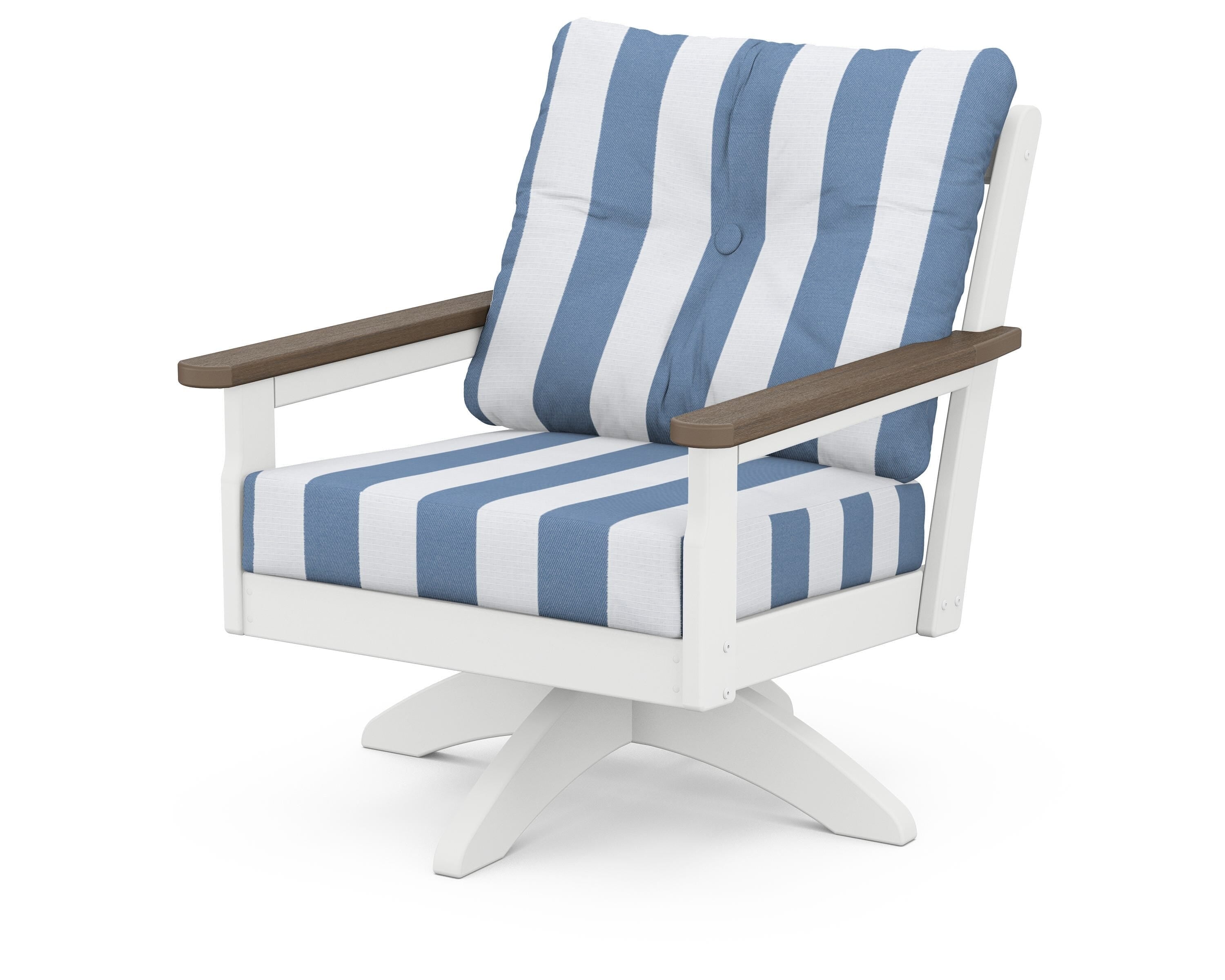 POLYWOOD® Vineyard Deep Seating Swivel Chair in White / Kona / Cabana Stripe Sky Blue