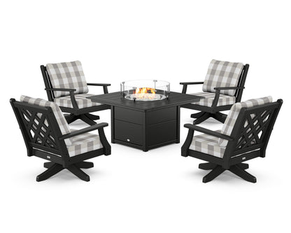 Country Living Wovendale 5-Piece Deep Seating Swivel Conversation Set with Fire Pit Table in Black / Buffalo Plaid Grey Mist