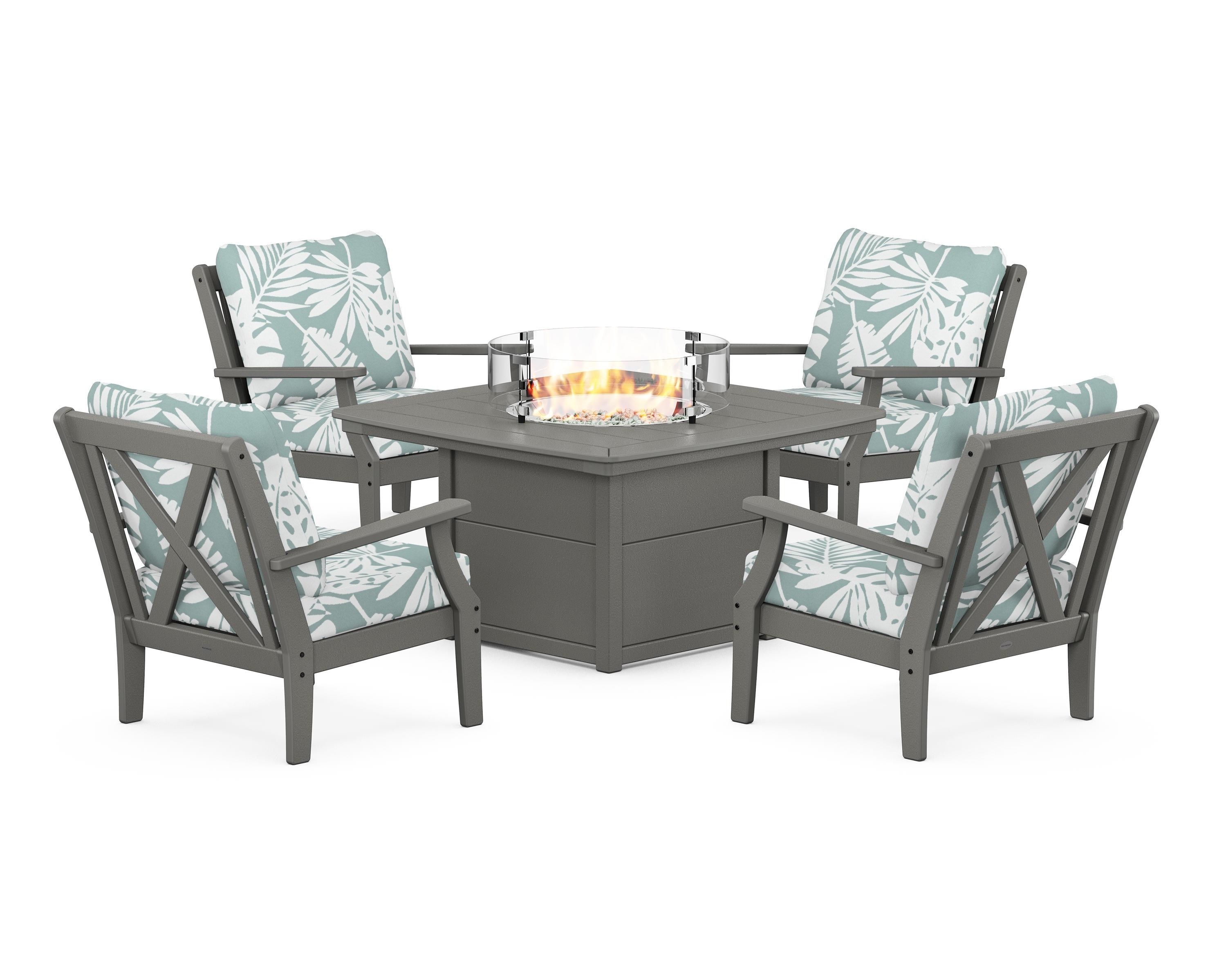 POLYWOOD® Braxton 5-Piece Deep Seating Conversation Set with Fire Pit Table in Slate Grey / Leaf Glacier Spa