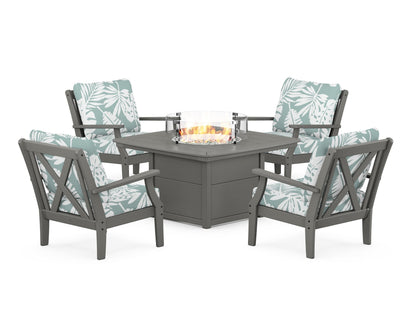 POLYWOOD® Braxton 5-Piece Deep Seating Conversation Set with Fire Pit Table in Slate Grey / Leaf Glacier Spa