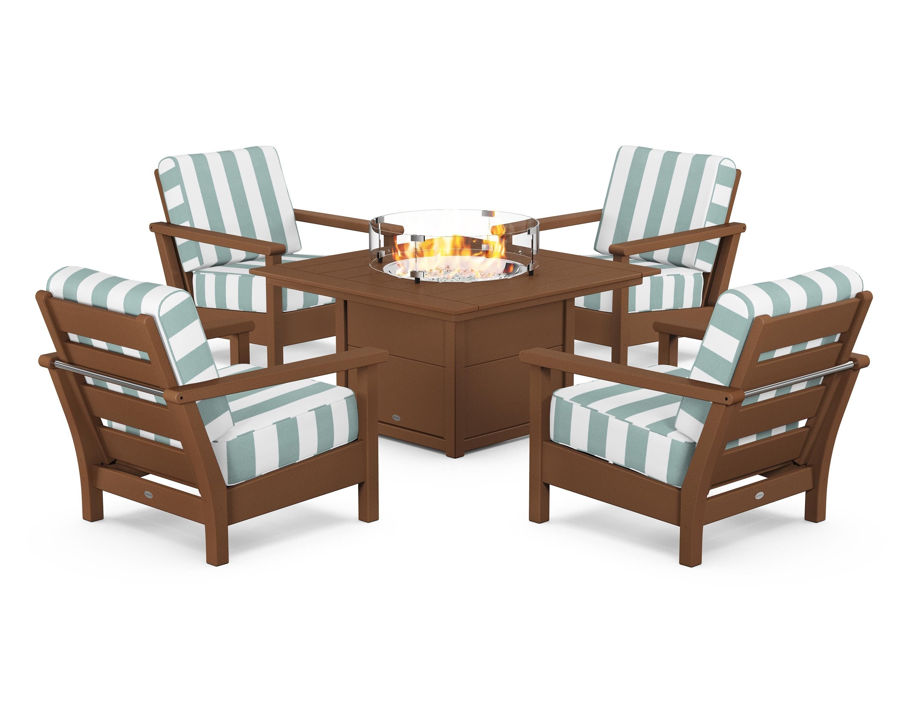 POLYWOOD® Harbour 5-Piece Conversation Set with Fire Pit Table in Teak / Cabana Stripe Glacier Spa