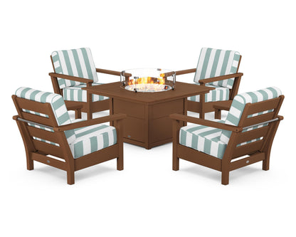 POLYWOOD® Harbour 5-Piece Conversation Set with Fire Pit Table in Teak / Cabana Stripe Glacier Spa