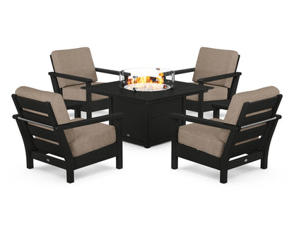 POLYWOOD® Harbour 5-Piece Conversation Set with Fire Pit Table in Black / Spiced Burlap