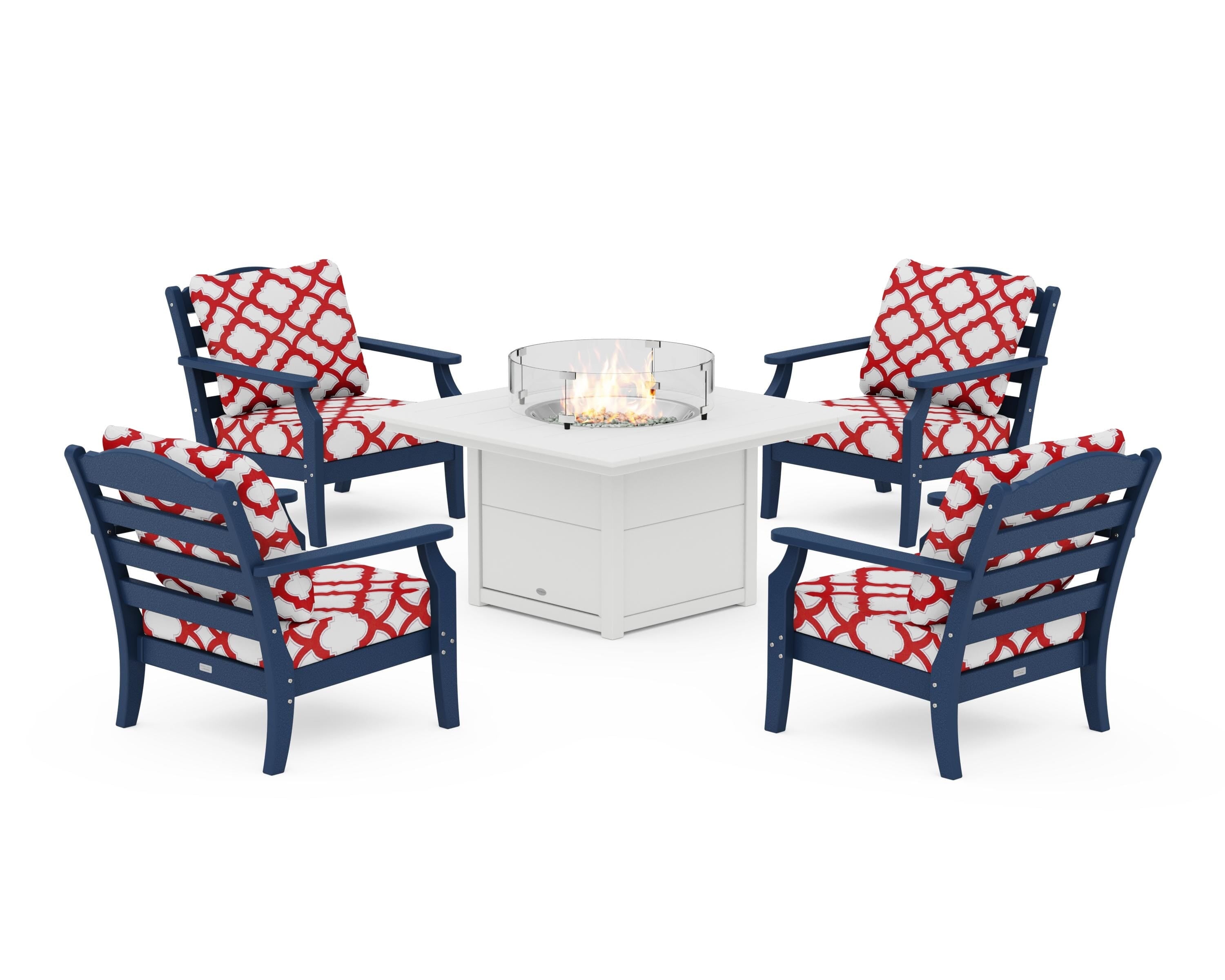Draper James™ by  POLYWOOD® Savannah 5-Piece Deep Seating Set with Fire Pit Table in Navy / Trellis Crimson
