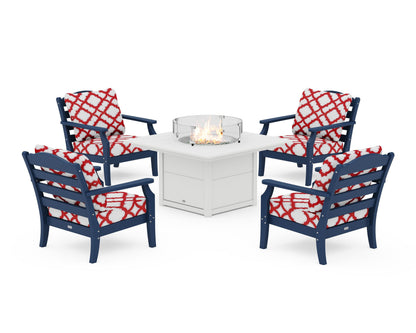Draper James™ by  POLYWOOD® Savannah 5-Piece Deep Seating Set with Fire Pit Table in Navy / Trellis Crimson